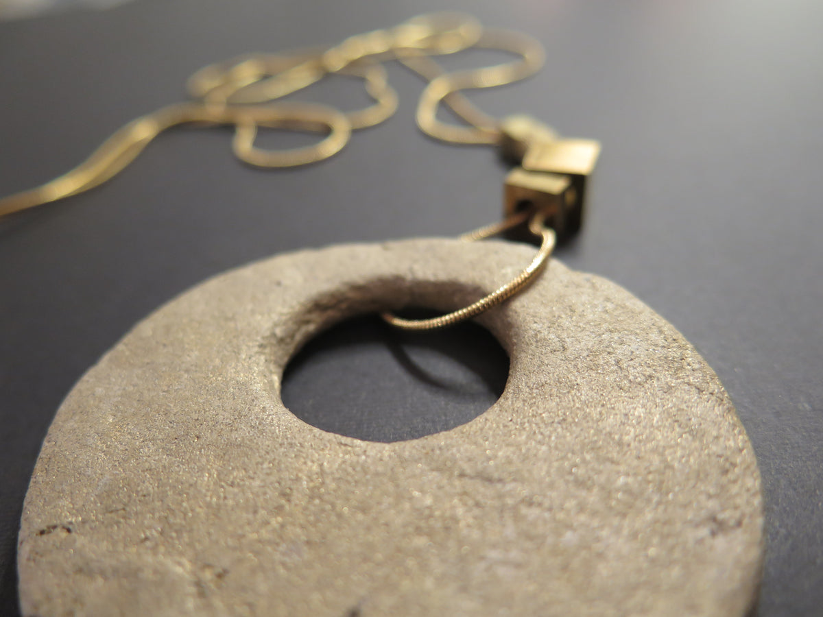 Stone Origins Gold #1 Raw Brass & Gold Plate | Eclipse stone | Adjustable length necklace with solid bar ends