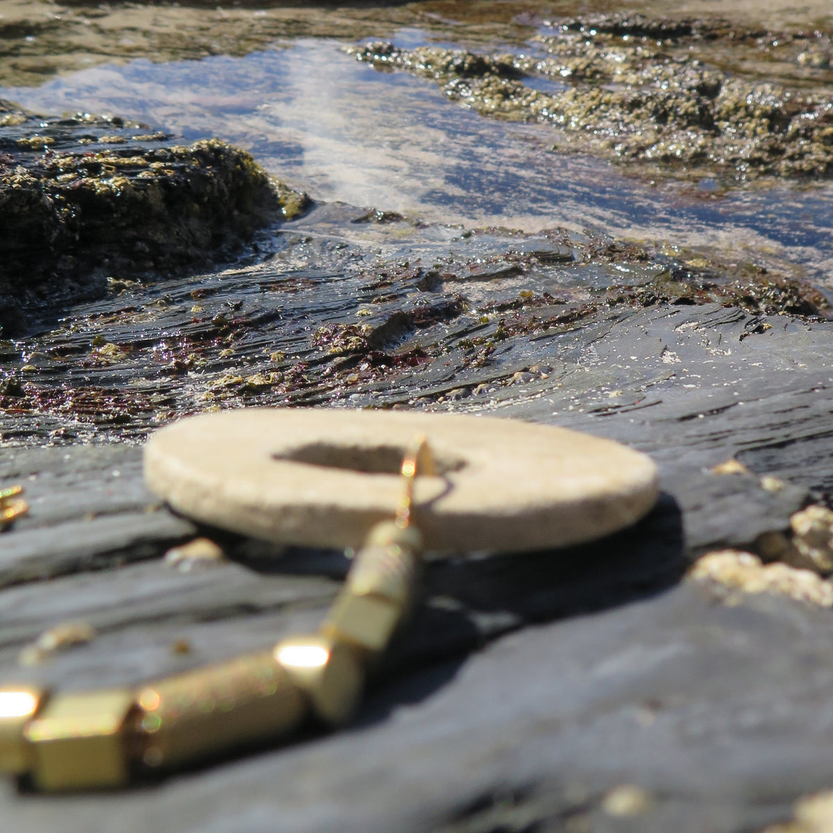 Stone Origins Gold #2 Raw Brass & Gold Plate | Eclipse stone | Adjustable length necklace with solid bar ends