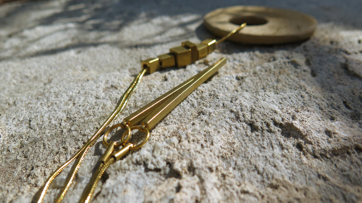 Stone Origins Gold #3 Raw Brass & Gold Plate | Eclipse stone | Adjustable length necklace with solid bar ends