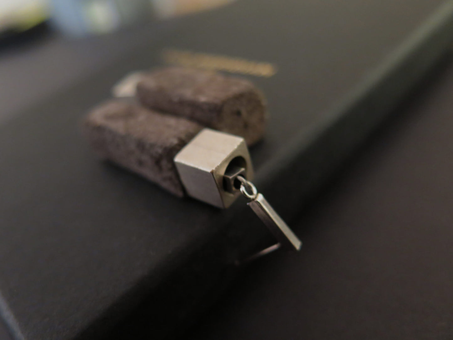 Java Stone earrings | Squared Column pendant | Silver plated Raw Brass