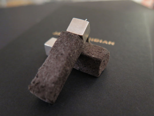 Java Stone earrings | Squared Column pendant | Silver plated Raw Brass