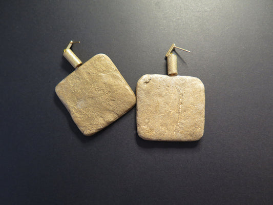 Gold Stone earrings | Tablet pendant | Raw brass detailing