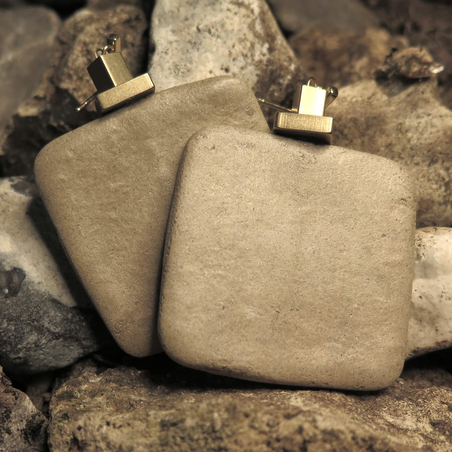 Natural stone slab earrings with brass cubes