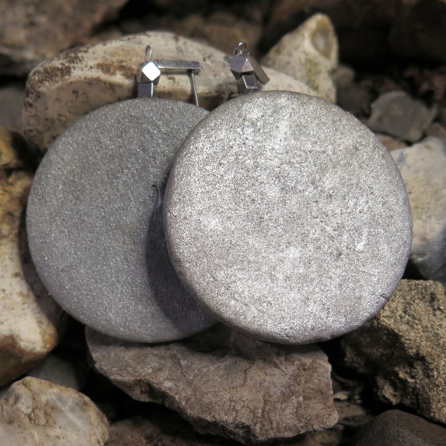 Silver stone large coin earrings with detailing