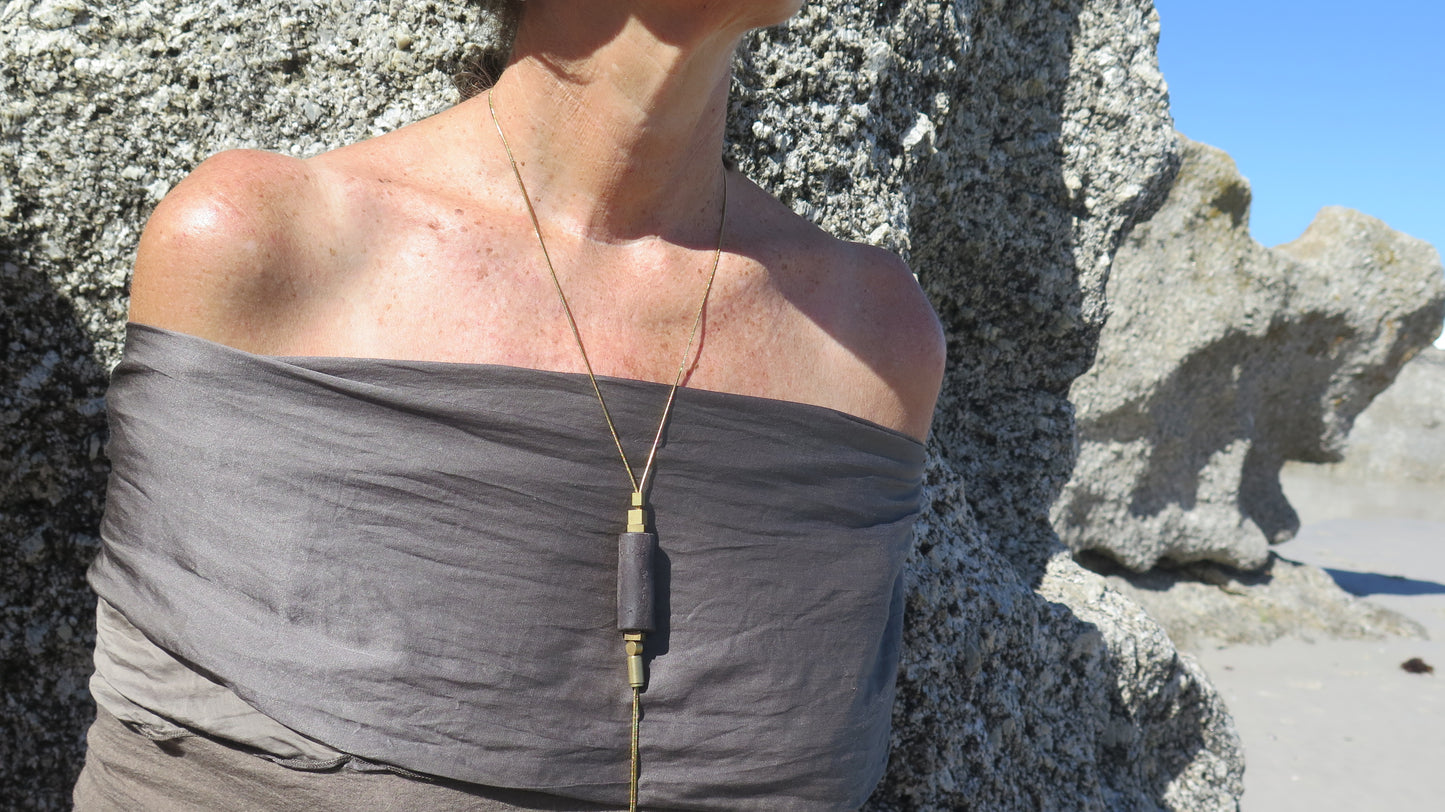 Java stone tubular column pendant | Raw brass | Gold plate | Adjustable snake chain necklace | 01 | Luxury gift box included