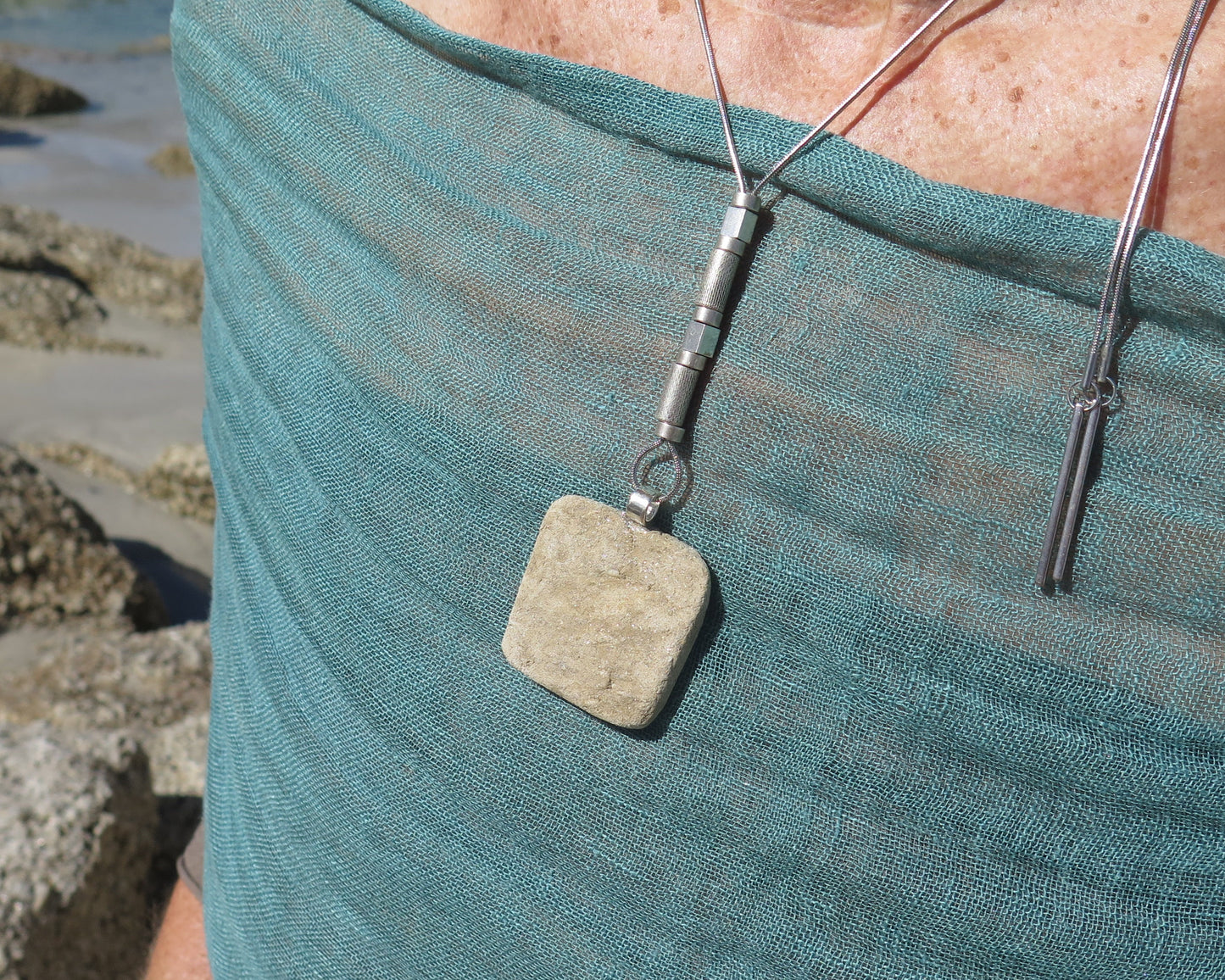 Wild stone slab pendant | Stainless steel | Silver plate | Adjustable snake chain necklace | 01 | Luxury gift box included