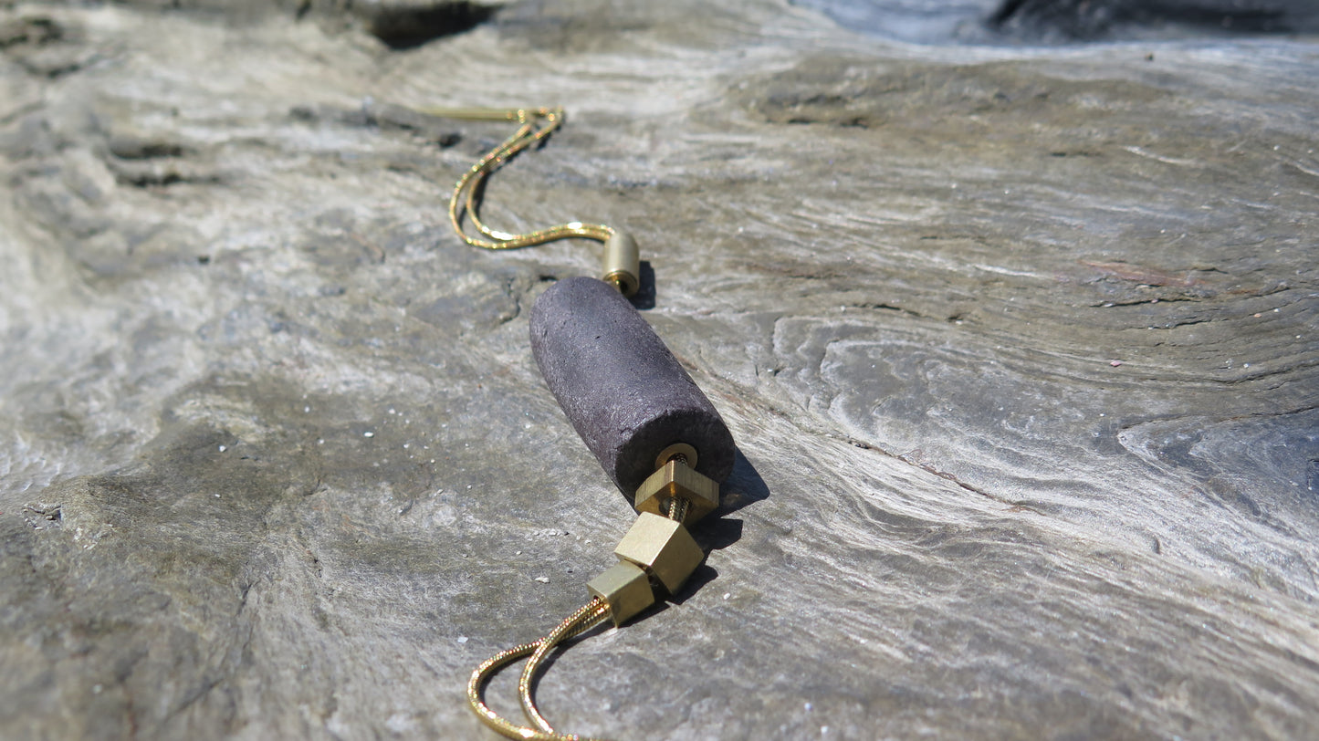 Java stone tubular column pendant | Raw brass | Gold plate | Adjustable snake chain necklace | 01 | Luxury gift box included