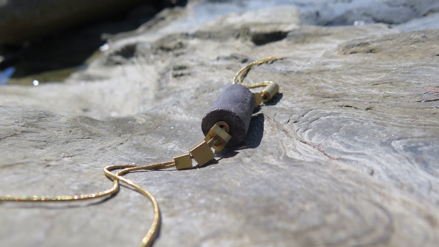 Java stone tubular column pendant | Raw brass | Gold plate | Adjustable snake chain necklace | 01 | Luxury gift box included