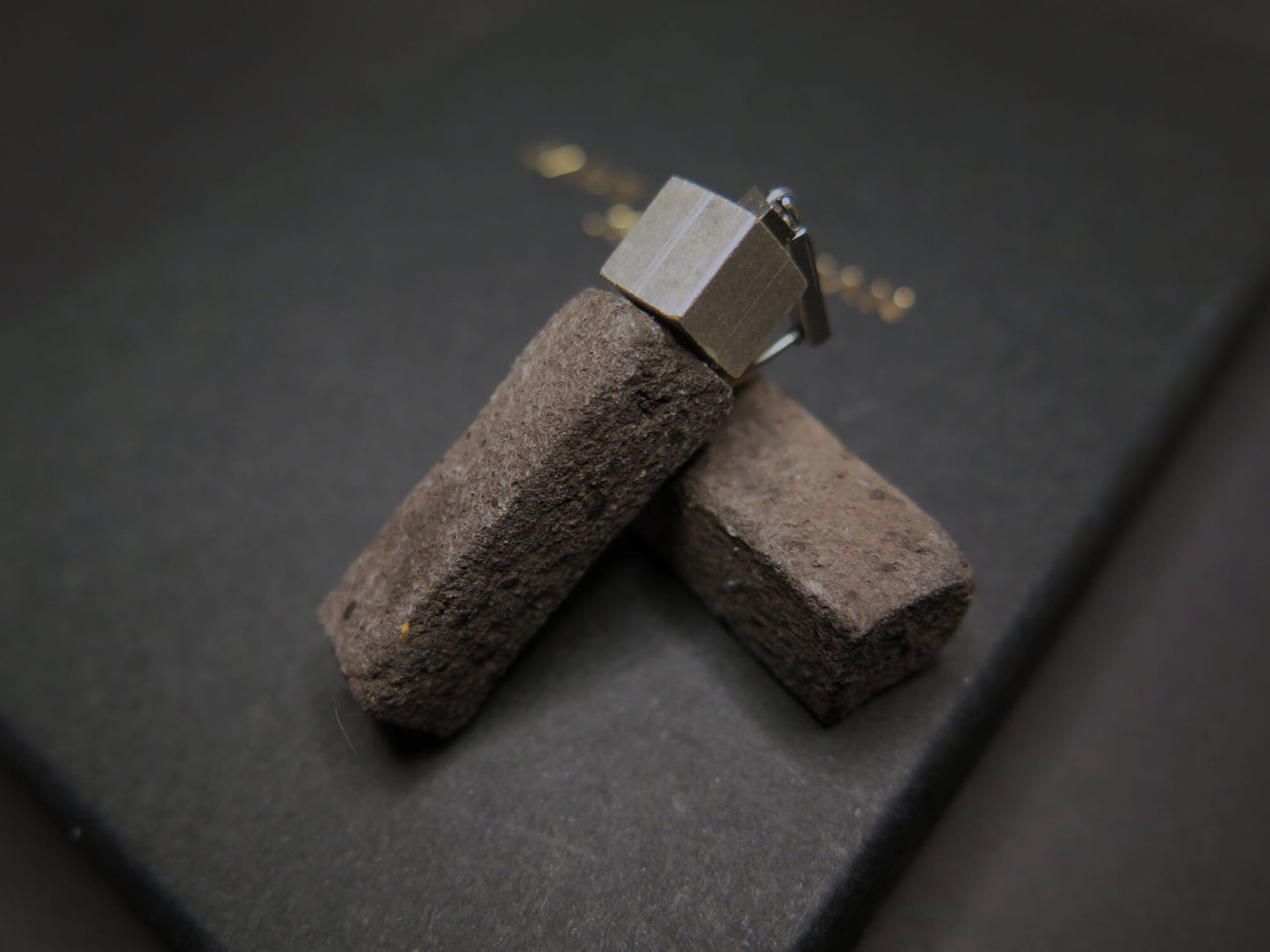 Java Stone earrings | Squared Column pendant | Silver plated Raw Brass