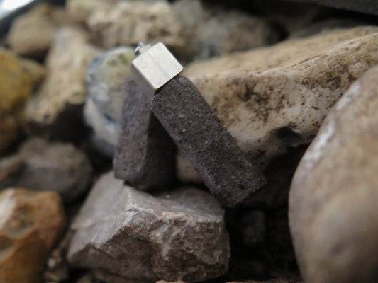 Java Stone earrings | Squared Column pendant | Silver plated Raw Brass