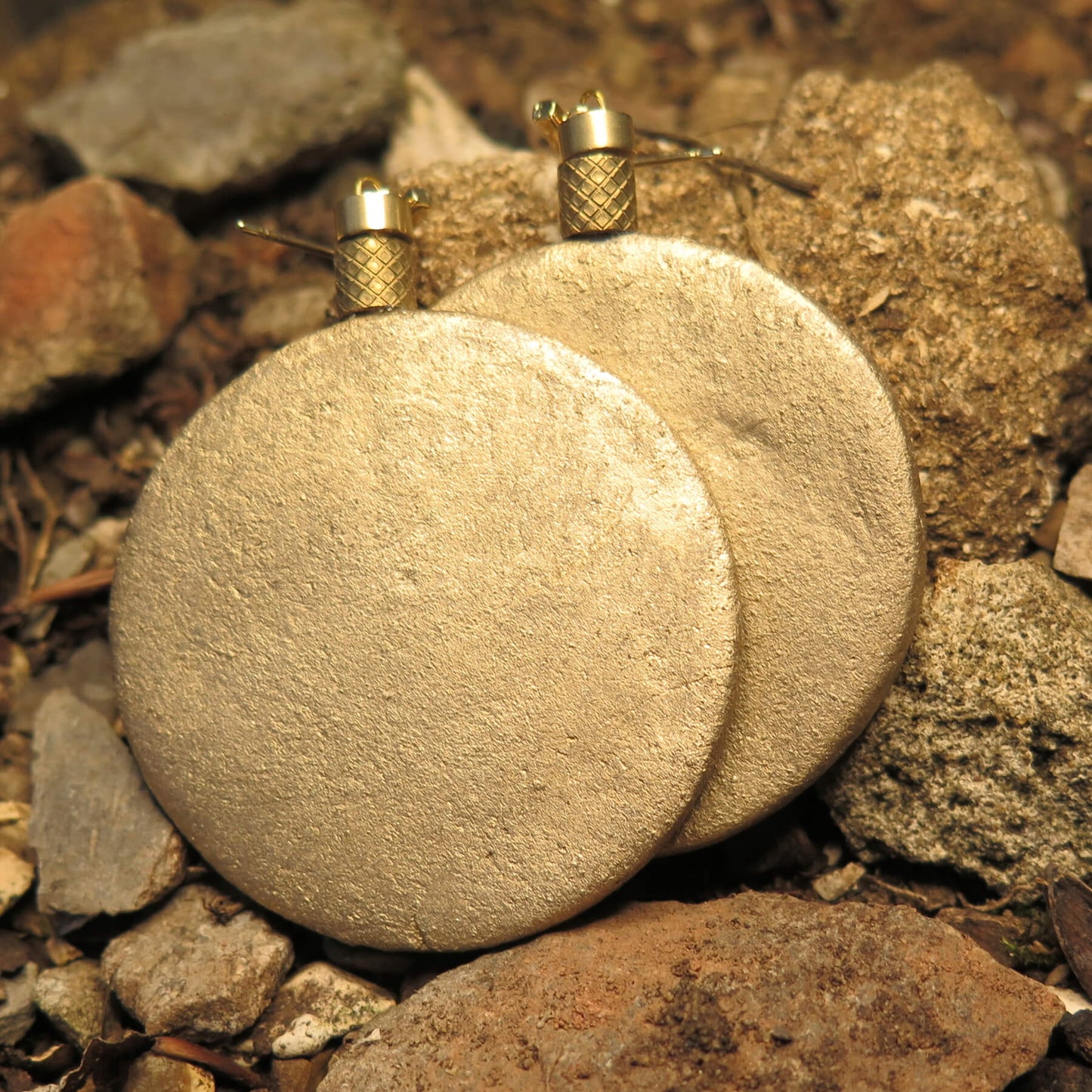 Gold stone large coin earrings with brass detailing