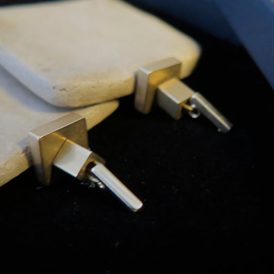 Natural stone slab earrings with brass cubes